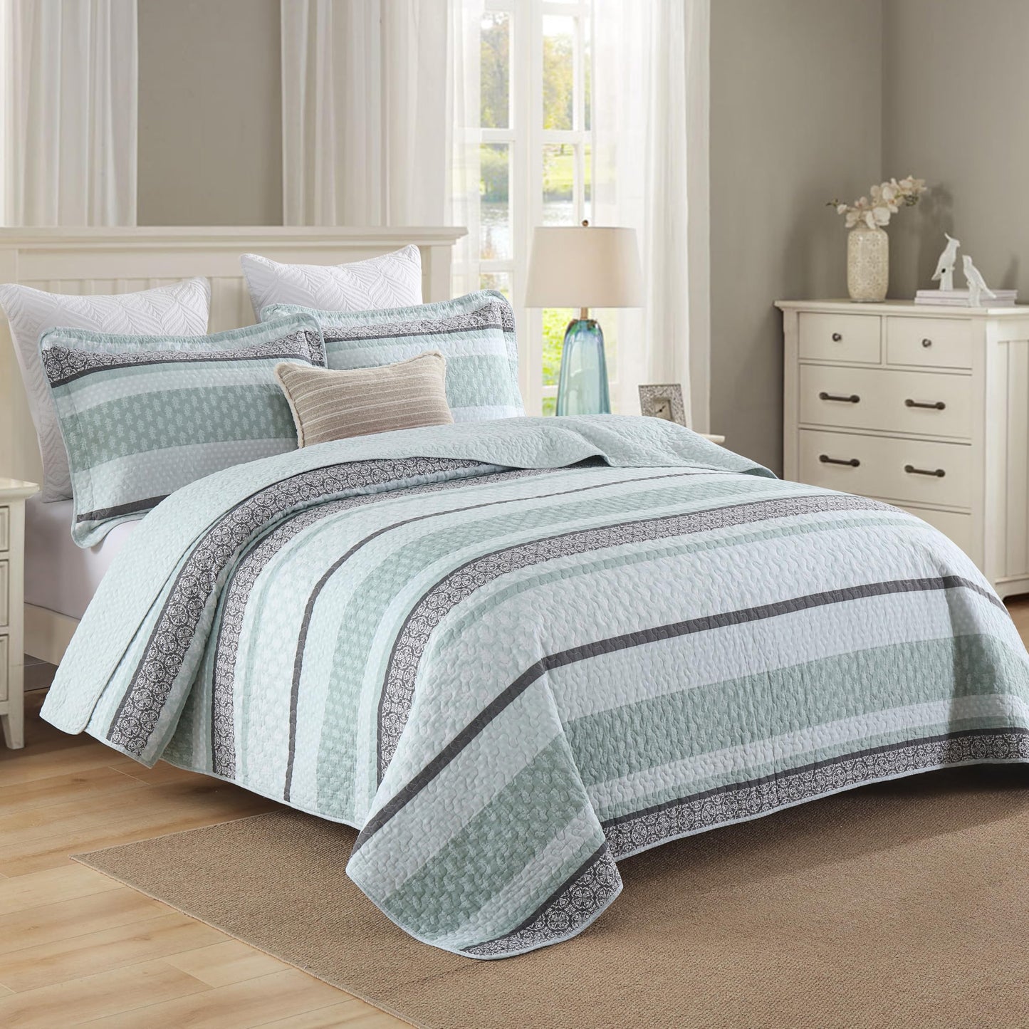 Homzard King Size Quilt,Cotton King Size Comforter Set,Mint Green Grey Bedding Set,Striped Bedspread,Lightweight Summer Comforter Sets 3 Piece