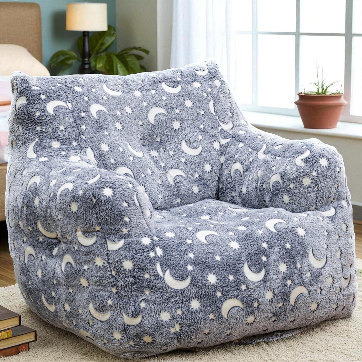 LinkRomat Bean Bag Chairs, Faux Fur BeanBag Chair with Memory Foam for Bedroom, Living Room, Reading, Adults - Grey - Star - Glow in The Dark