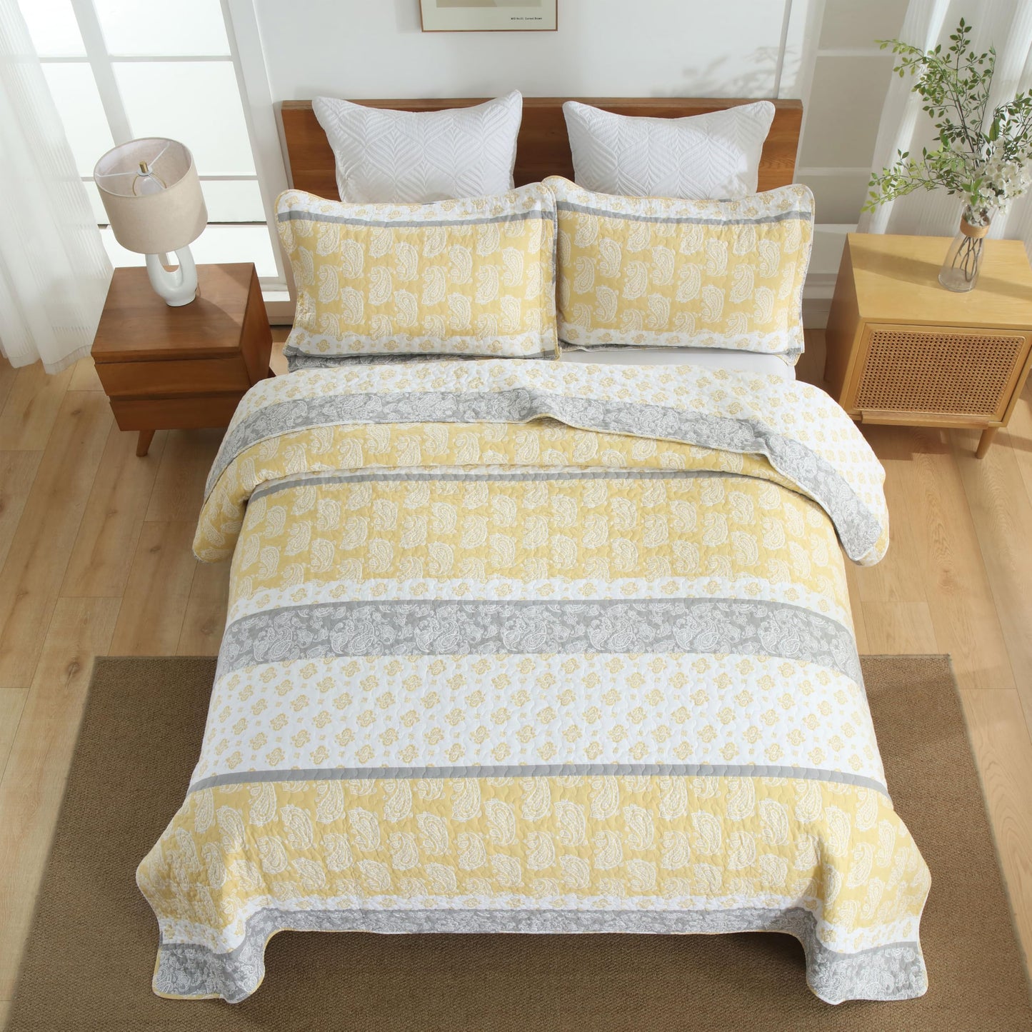AJOCCI Yellow Quilts Queen Size, Paisley Comforter Set Queen Cotton Bed, Yellow Grey White Comforter, Striped Bedding Queen Size, Lightweight Luxury Bedspread,3 Piece