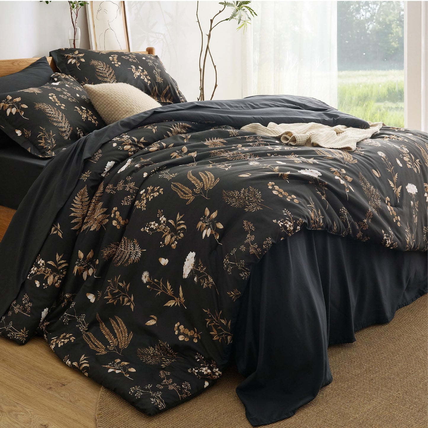 Bedsure Black Queen Comforter Set - 7 Pieces Floral Bedding Sets Queen Bed in a Bag with Reversible Botanical Flowers Comforter, Sheets, Pillowcases & Shams