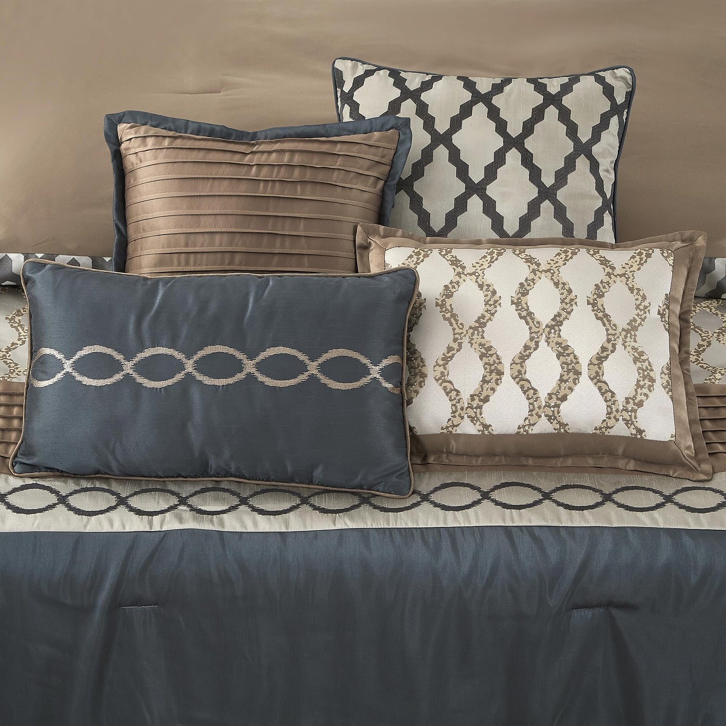 LANCO MODERN LIFESTYLE Queen Comforter Set, Grey Brown, 10 Piece Bed in a Bag for All Seasons, Luxury Extreme Comfort Bedding Sets with Bedskirt, Pillow Shams, Euro Shams and Decor Pillows