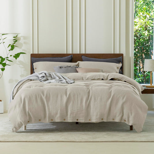 EVERLY 100% Pure Linen Duvet Cover Set Queen Size90X90Inch 3pcs (1 Duvet Cover,2 Pillowcases) Soft and Breathable for All Season with Coconut Button Closure, Suitable for Hot Sleepers-Linen-Queen