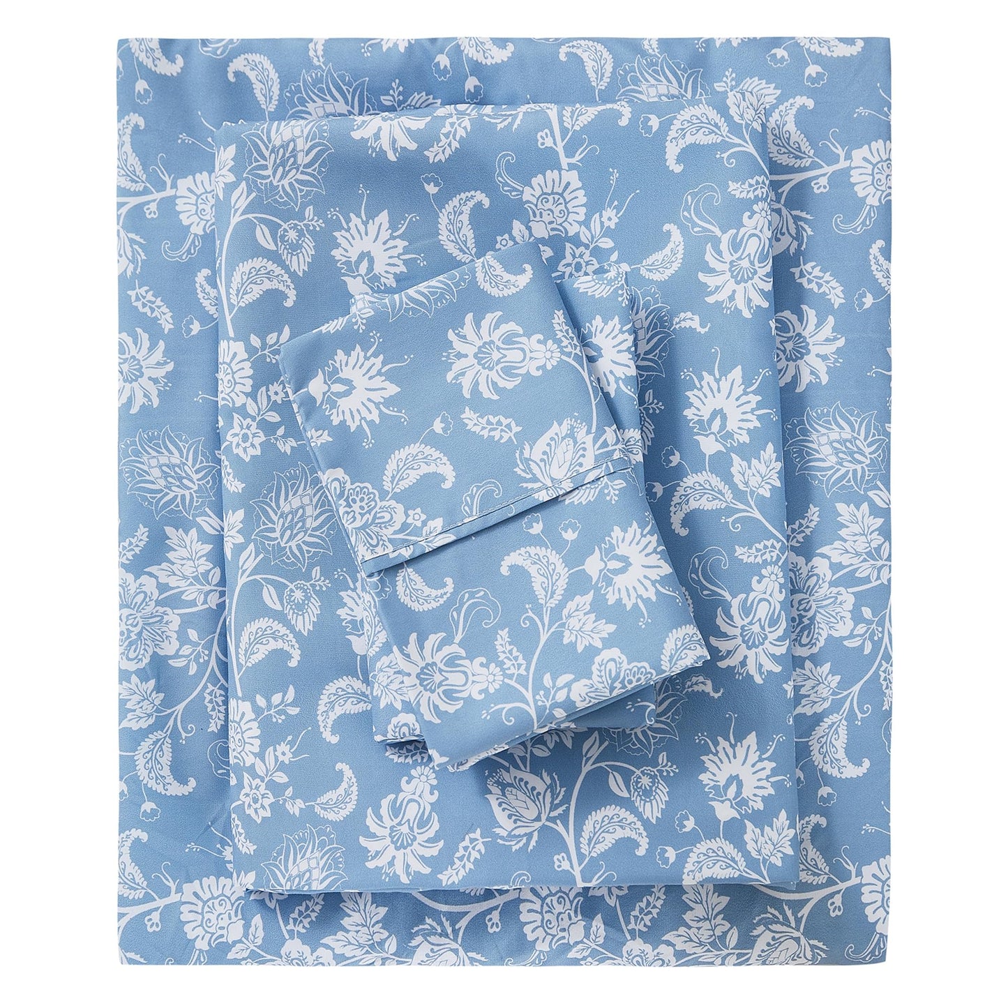 Mooreeke Cozy Vintage Microfiber Printed Full Sheet Set - Soft & Breathable Percale Blue Paisley Bed Sheets with Extra Deep Pocket - Non-Slip Fitted Design - Blue Flower Pattern - Full