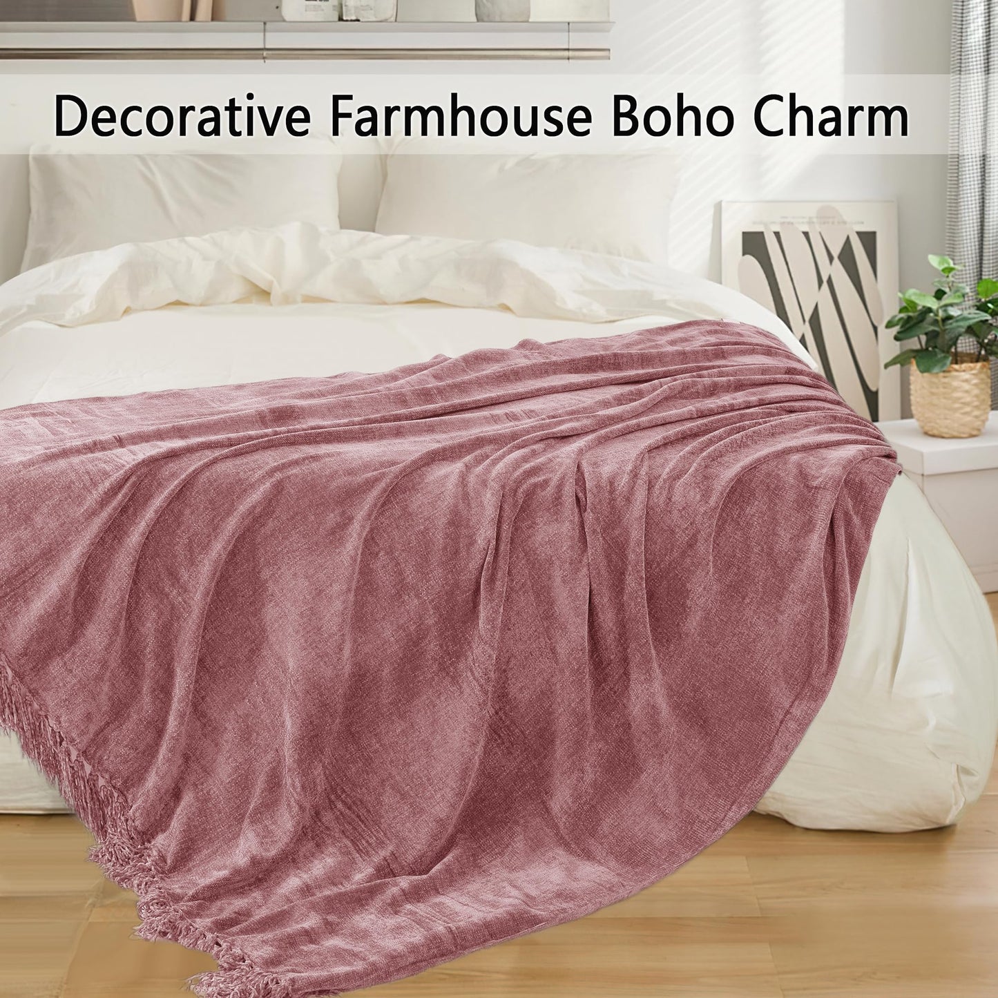 LONG CREATE Chenille Throw Blanket for Couch 50"X 60", Soft Cozy Throws with Fringe Tassel for Bed Sofa Chair Cover, Lightweight Knitted Decorative Boho Blankets for Living Room, Mauve