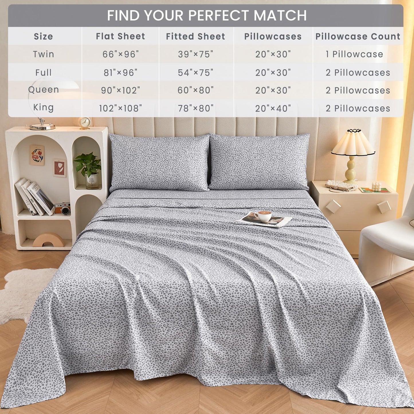 Mooreeke Leopard Cheetah Printed Full Bed Sheets, Soft Microfiber Bedding Sheets & Pillowcases, Deep Pocket Non-Slip Fitted Full Sheet, Silver Grey Animal Pattern Bedsheets