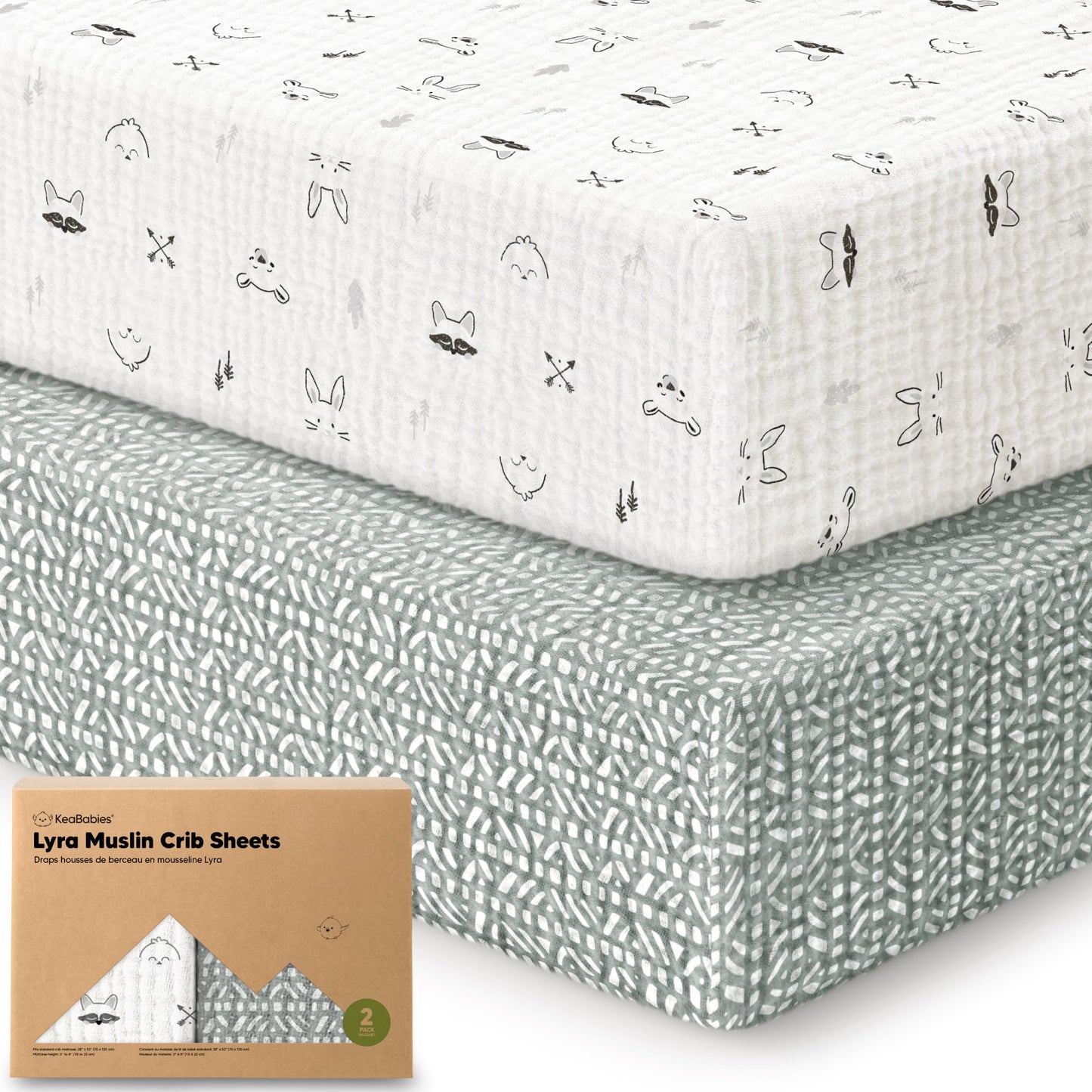 KeaBabies 2-Pack Muslin Crib Sheets for Boys, Girls - 100% Organic Cotton Fitted Baby Crib Mattress Sheet, Soft Breathable Standard Toddler Bed Cover Bedding Set, Neutral, Durable 52x28 (Nordic)