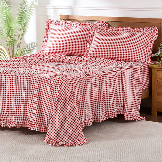 kisswish Gingham King Sheet Set, Lightweight Super Soft Brushed Microfiber Plaid Bed Sheets with 16" Deep Pocket, 4 Piece Ruffle Farmhouse Bedroom Decor, Red