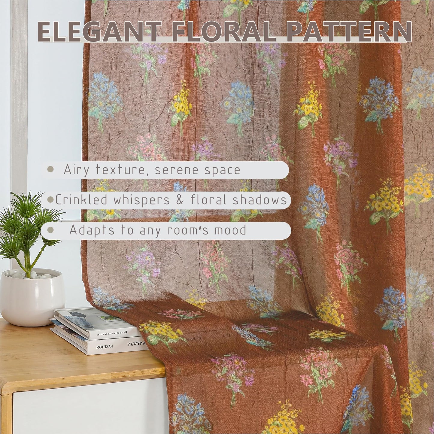 Ebesto Crushed Floral Sheer Curtains 63 Inch Length - Light Filtering Printed Sheer Flower Patterned Curtains for Bedroom, Spring Romantic Rod Pocket Window Drapes, 2 Panels, 42Wx63L, Terracotta