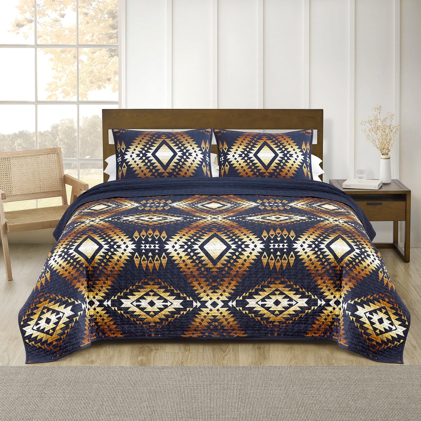 Pendleton Full/Queen Quilt Set – 100% Cotton 3 Piece Quilt Set with Shams, Soft Lightweight Bedding for Queen Size Bed, Navy Blue & Gold Comforter Alternative, Queen Bedding Set (Mission Trails)
