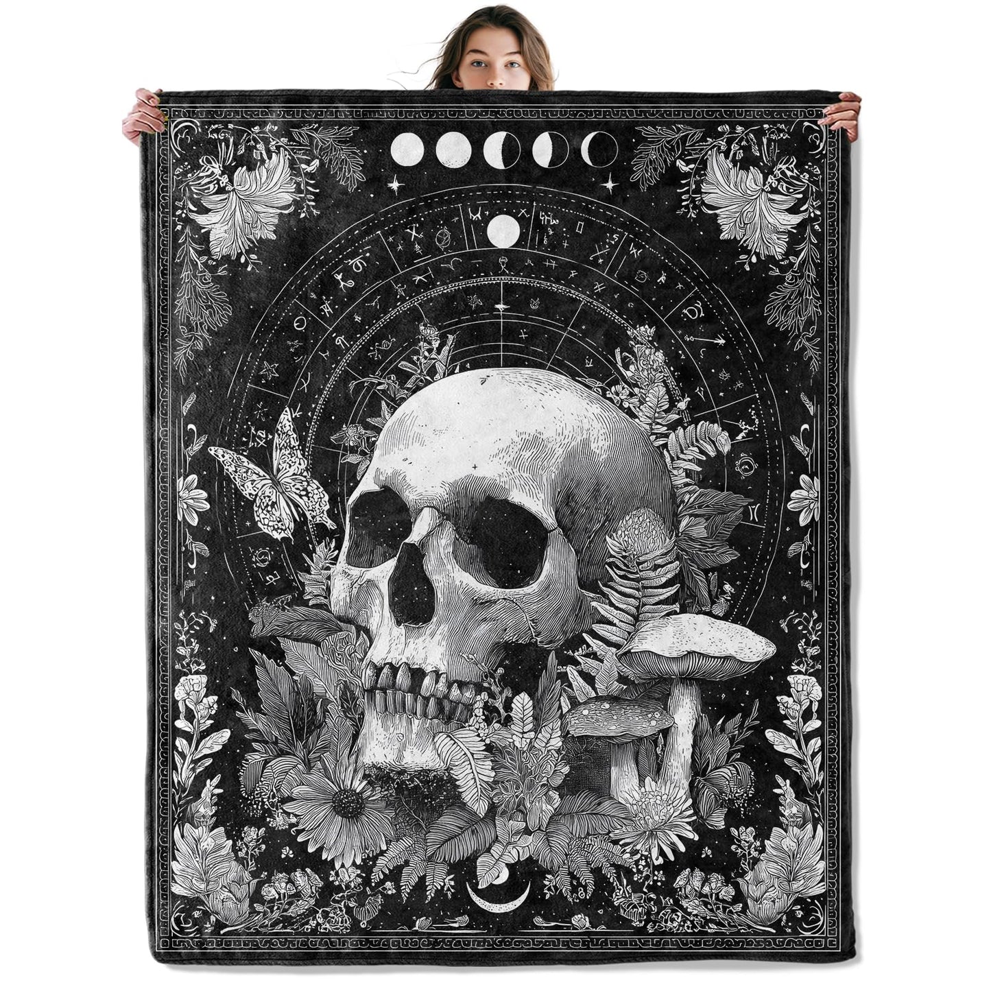 SOMEKLLY Gothic Skull Floral Throw Blanket Soft Cozy Lightweight Flannel Blankets with Goth Skeleton Mushroom and Flower Printed for Astrology Lovers Bedroom Dorm Halloween Decor Gifts 50x60 Inch