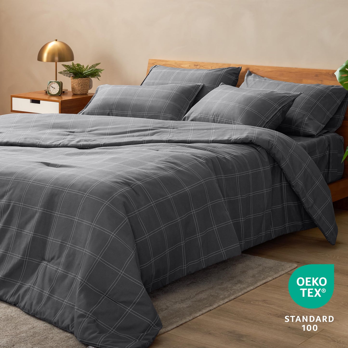 Bare Home Bedding Set 4 Piece Comforter & Sheet Set - Twin XL - Track Stitch - Goose Down Alternative - Ultra-Soft 1800 Premium Bed Set (Twin XL, Modern Plaid - Grey/White)