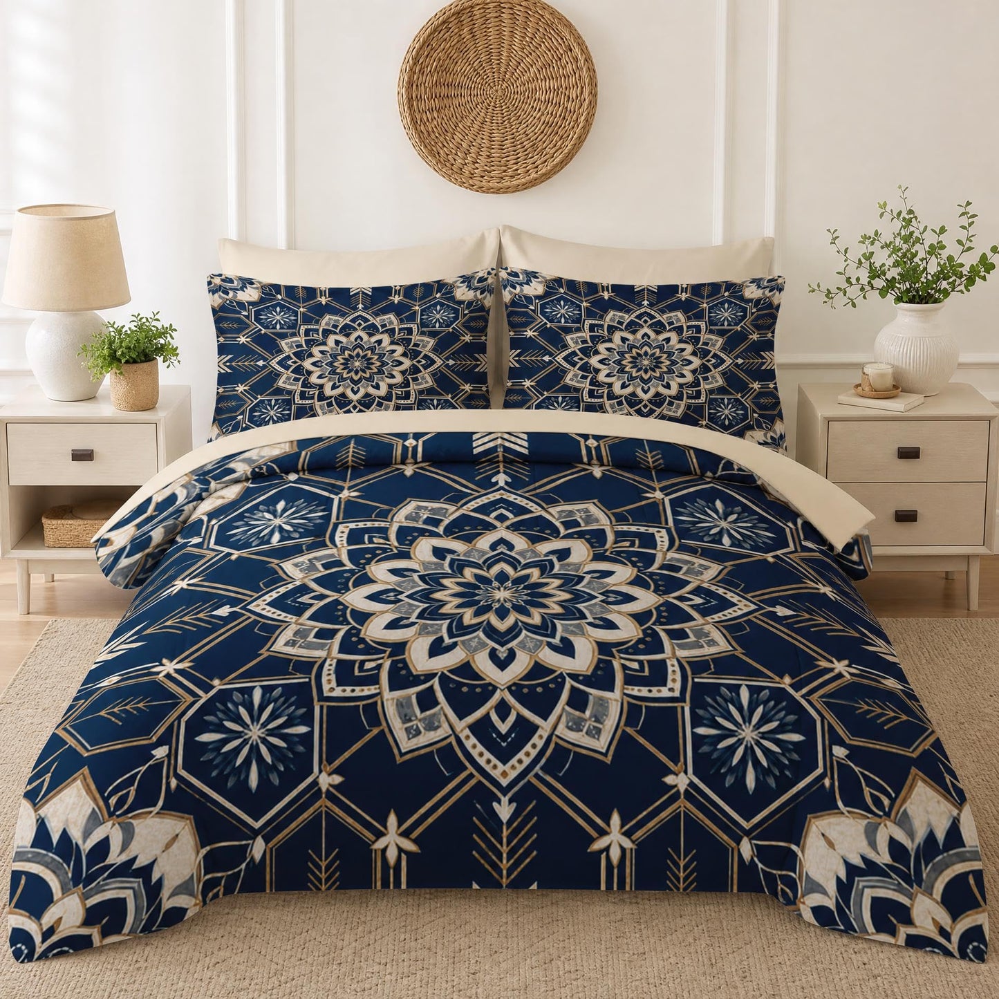 Boewywh Comforter Set Twin Size Mandala Boho Geometric 7 Pcs, Bedding for Kids and Adults, Southwestern Blue Bed Sheet Sets with Fitted Sheet 2 Pillowcases & 2 Shams for Bedroom Bed Decor