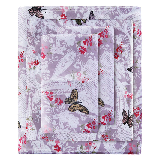 lasoftan Paisley Floral Satin Sheets Twin, Silky Butterfly Printed Fitted Bed Sheet with 15" Deep Pocket & Non-Slip Straps, Luxury Hotel Satin Summer Cooling Sheets & Pillowcase Set, Purple