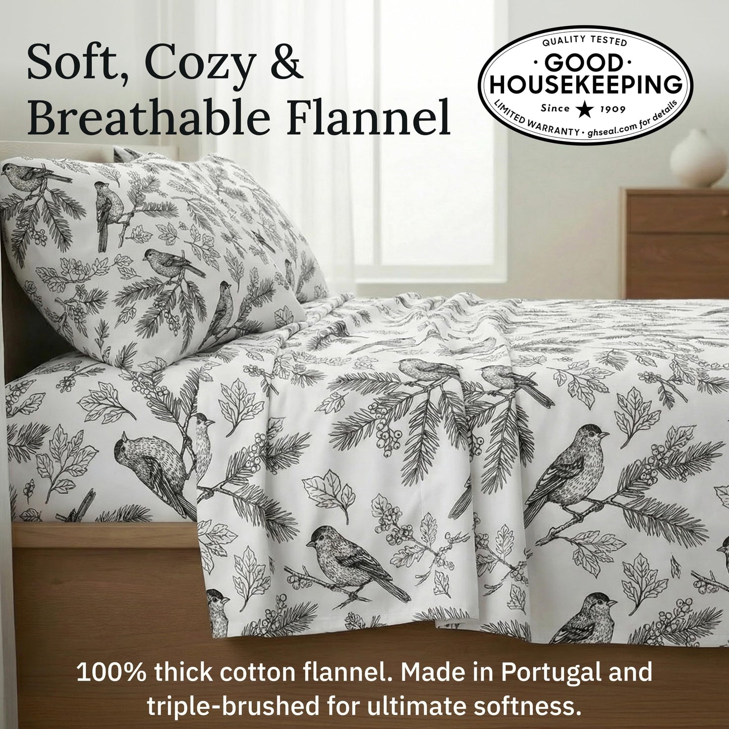 California Design Den Flannel King Sheets Set - Made in Portugal 100% Cotton, Thick, Velvet Soft 4-Piece King Size Flannel Sheets Set, Triple-Brushed with Extra Deep Pockets - Winter Birds