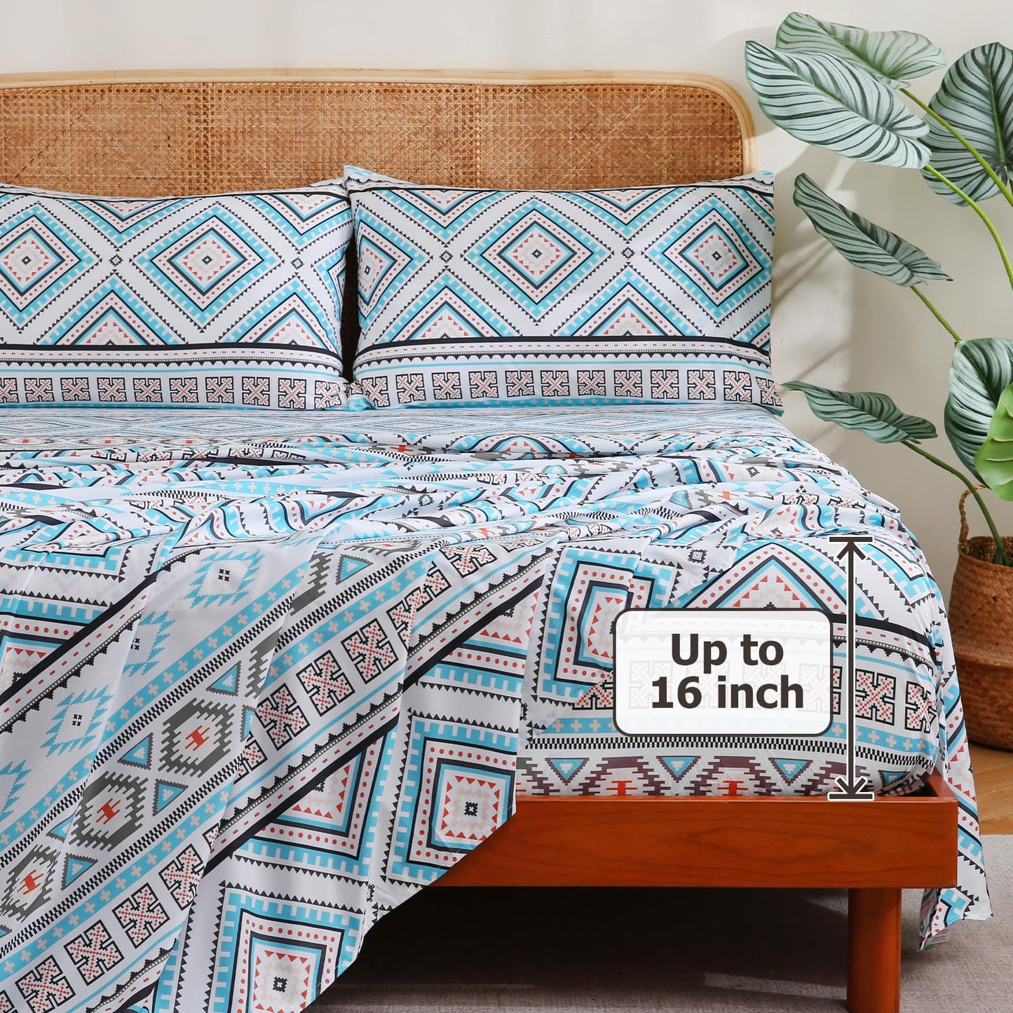 CozySmile 4 Pieces Queen Sheet Set Bohemian, Boho Sheets Soft Microfiber Deep Pocket, Western Sheets Geometric(Queen, Turquoise Geometric)