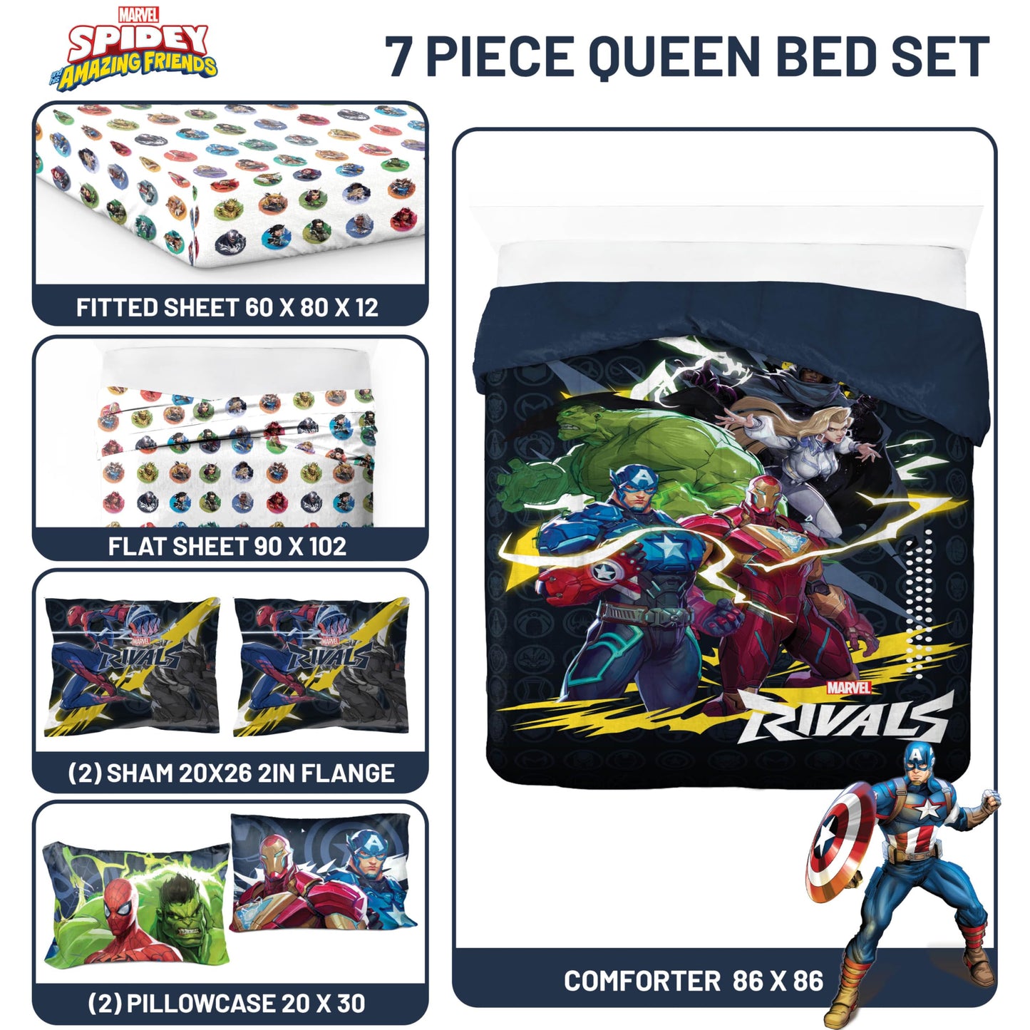 Jay Franco Kids Comforter Set Includes Sheets and Pillow Covers - Soft and Cozy Bed Set for Stylish Room Decor, Official Licensed Bedding, Multi - Marvel Rivals, 7 Piece Queen
