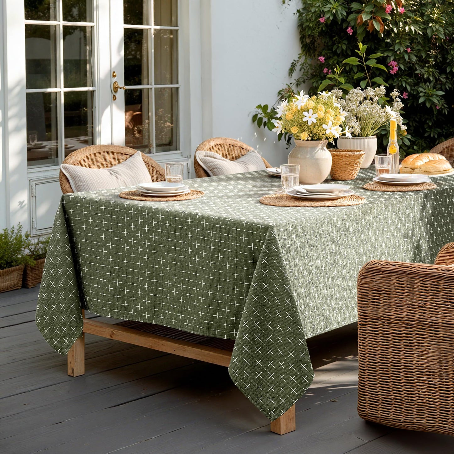 MIULEE Olive Green Linen Table Cloth Rectangle Tablecloth Waterproof Spring Spillproof Cross-Star Textured Table Cloth, Decorative Rustic Farmhouse Style for Dining/Party/Buffet/Wedding,60x84 Inch