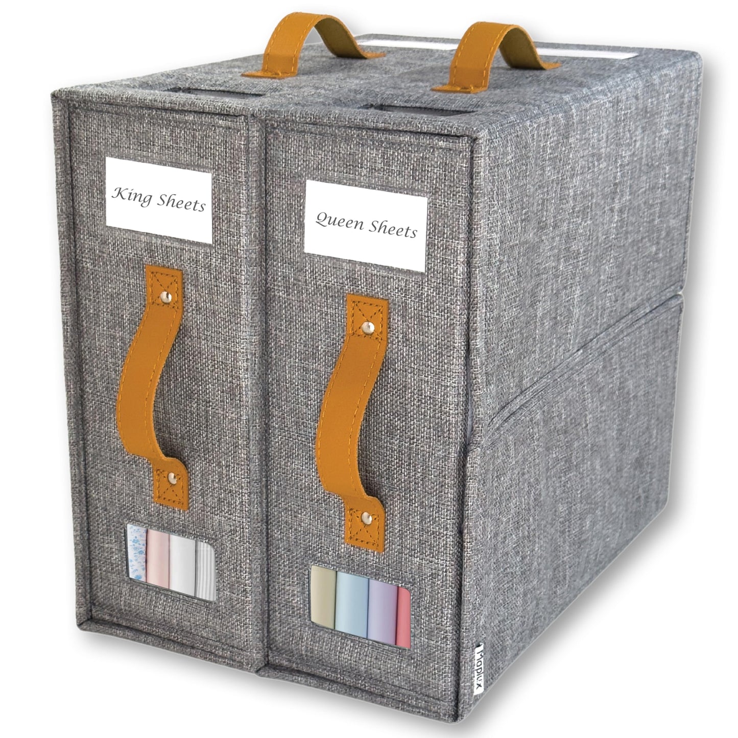 Maplux 2-Pack Set Bed Sheet Organizer – Premium Linen Storage with PU Leather Handles & Dual Labels | Fits King/Queen Sheets | Closet, Underbed & Shelf Use | Closet Organizers and Storage (Gray)