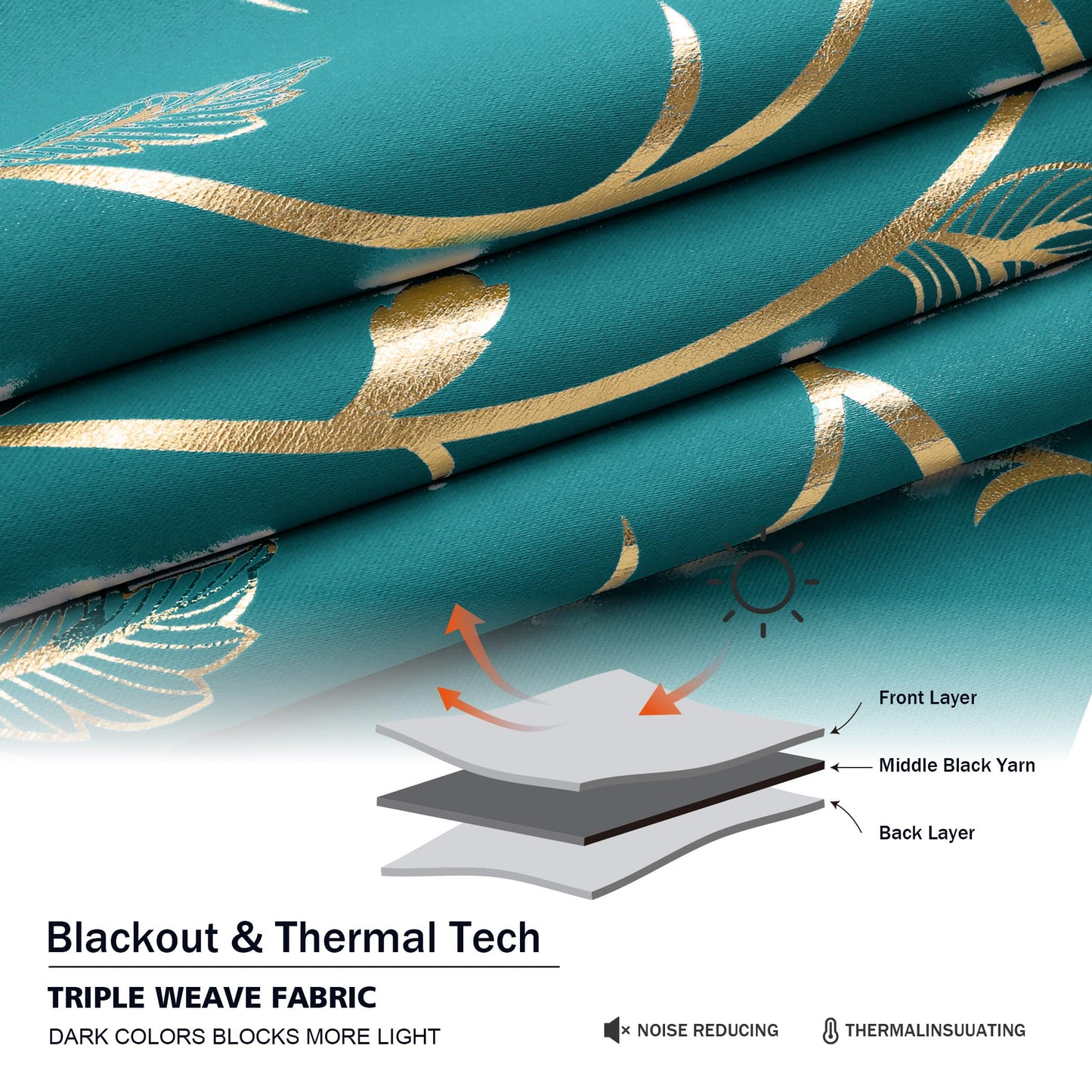 BUHUA Blackout Curtain 2 Panel Set Gold Vine Foil Print Thermal Insulated Drapes Room Darkening Curtains Grommet Window Treatment, 52 x 72 Inch, Teal Blue
