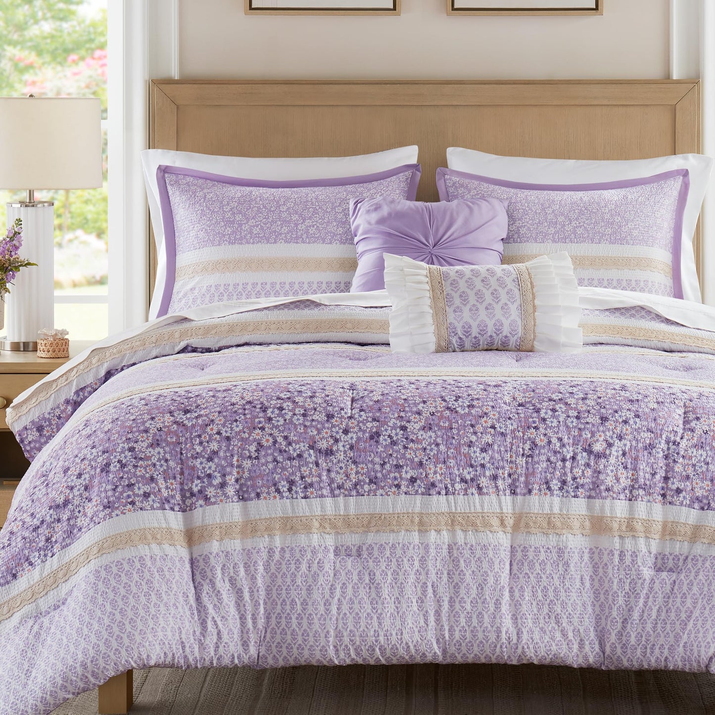 Madison Park Comforter Set, Seersucker Floral King Size Comforter Sets, Microfiber Comforters, All Season Lightweight Comforter, Throw Pillows, Caralie, King/Cal King Purple 5 Piece