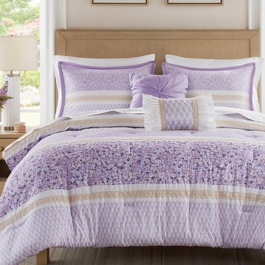 Madison Park Comforter Set, Seersucker Floral King Size Comforter Sets, Microfiber Comforters, All Season Lightweight Comforter, Throw Pillows, Caralie, King/Cal King Purple 5 Piece