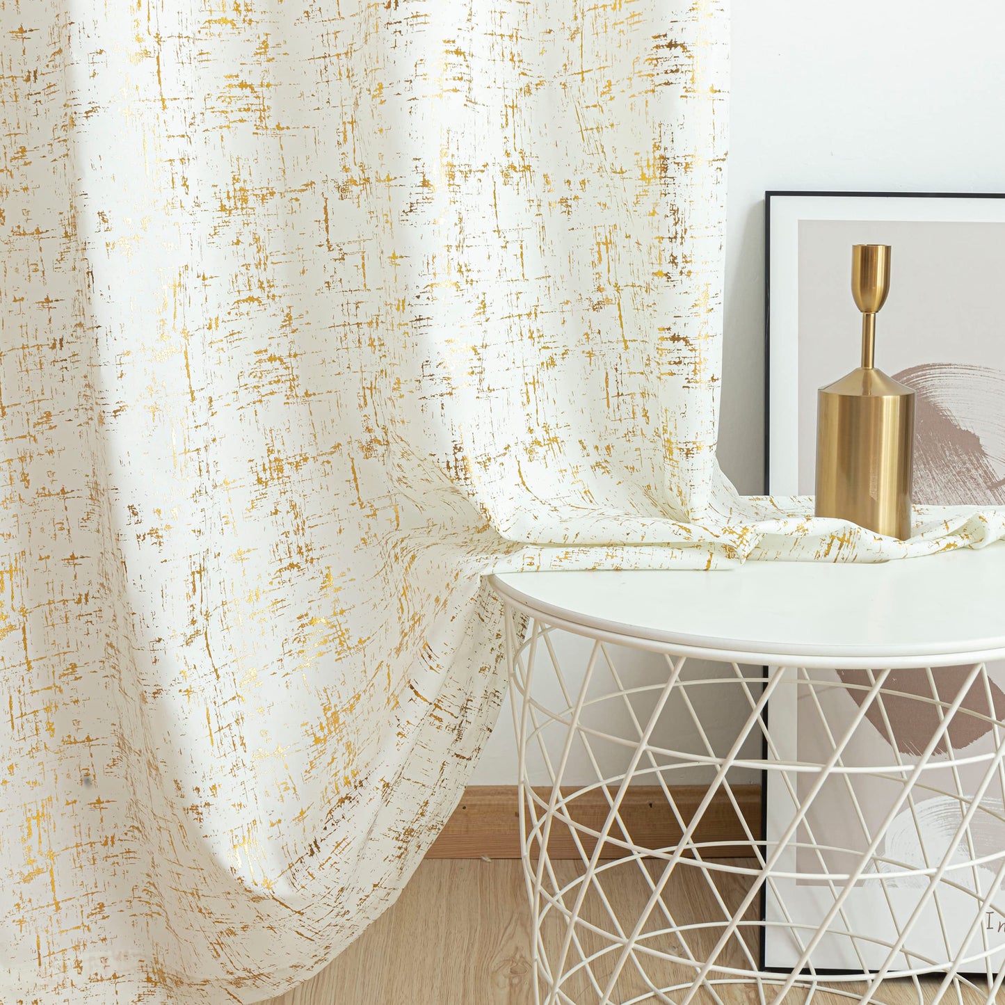 Taisier Home Gold Foil Print Linen Textured Curtains Geometric Dots Pattern Design Curtains for Nursery Toy Room Thermal Insulated Window Treatment 2 Panels 63" L,Off White and Gold Drapes Print