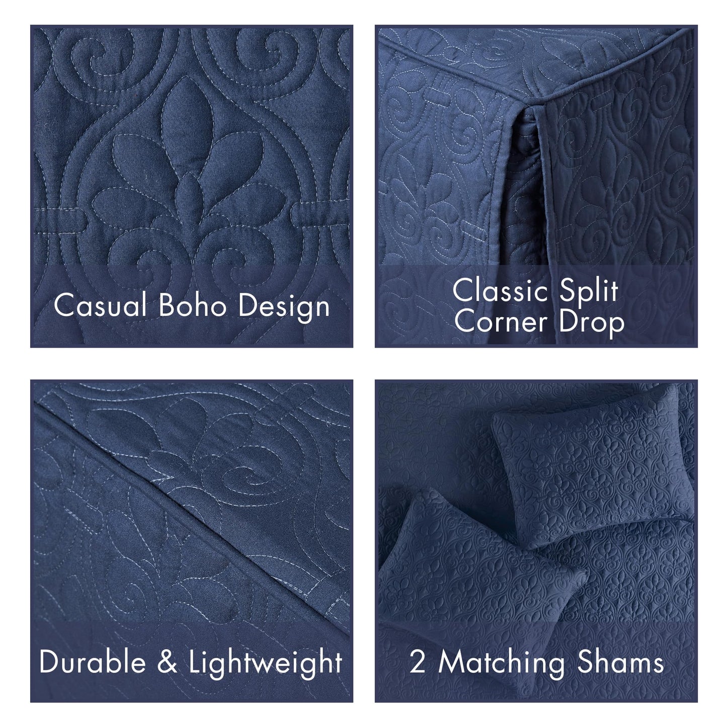 Madison Park Quebec Split Corner Quilted Bedspread Classic Traditional Design All Season, Lightweight, Bedding Set, Matching Shams, Queen, Damask Quilted Navy 3 Piece
