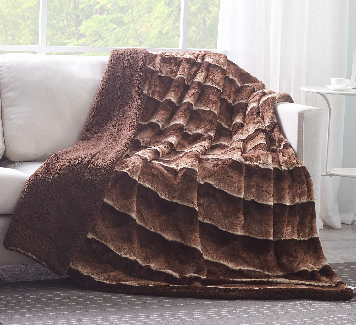 Tache Chocolate Golden Brown Striped Throw Super Soft Warm Faux Fur with Brown Sherpa Back Blanket - 63x87