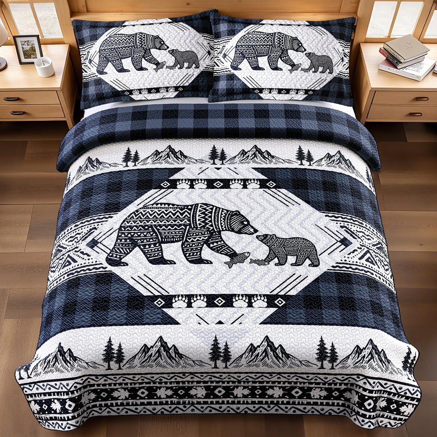 3 Piece Cabin Full/Queen Quilt Sets Farmhouse Rustic Reversible Microfiber Soft Lightweight Bedspread Comforter with 2 Shams Patchwork Country Lodge Bedding Quilts Set for All Season, 90''x96'' , Blue