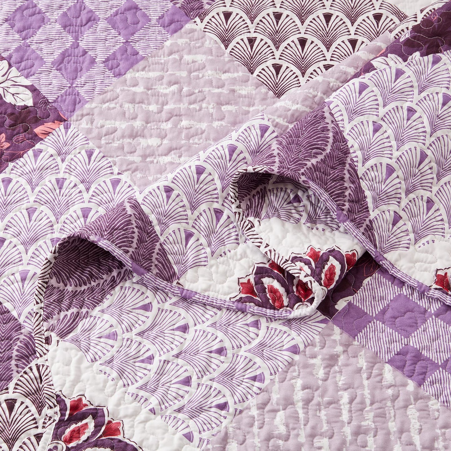 King Size Quilt Set 3 Pieces Lightweight Reversible Bedspread-98''x106'' Soft Patchwork Floral Coverlet Luxurious Warm Microfiber Bed Cover All Seasons Purple Bedding Set(1 Quilt,2 Pillow Shams)