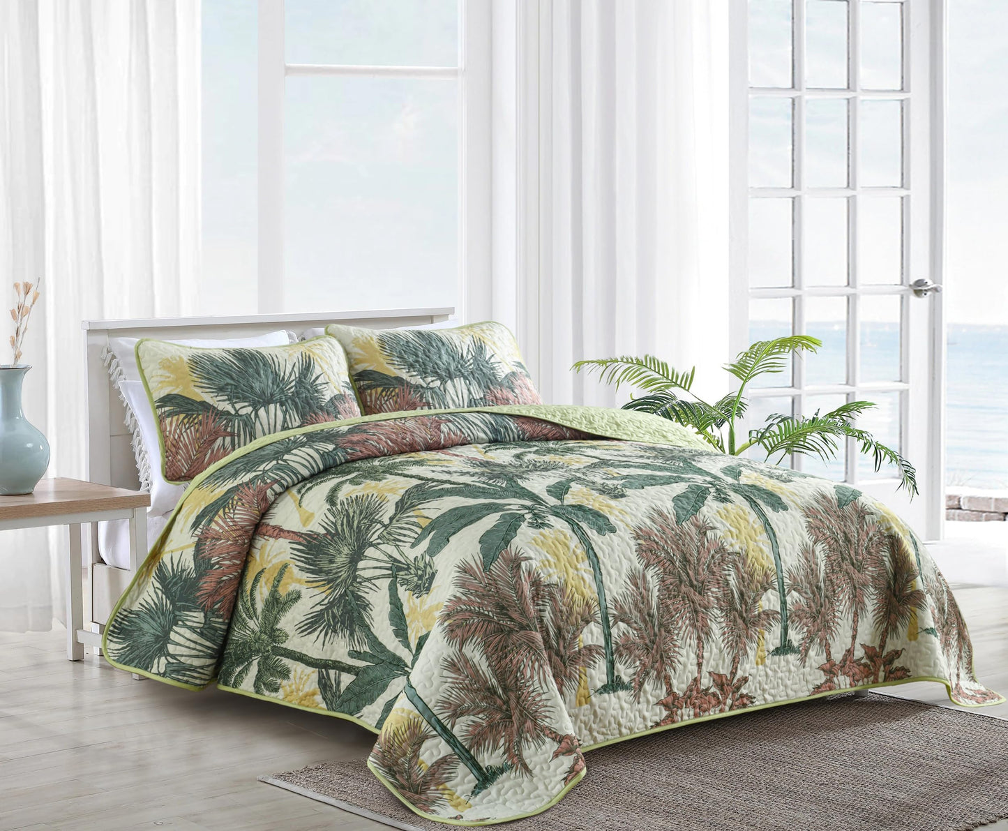 Luxudecor Tropical Plants Quilt Set King Size 3 Pieces Green and Brown Palm Botanical Bedspread Rainforest Style Bedding Set Soft Lightweight Bed Cover All Season 104"x90"