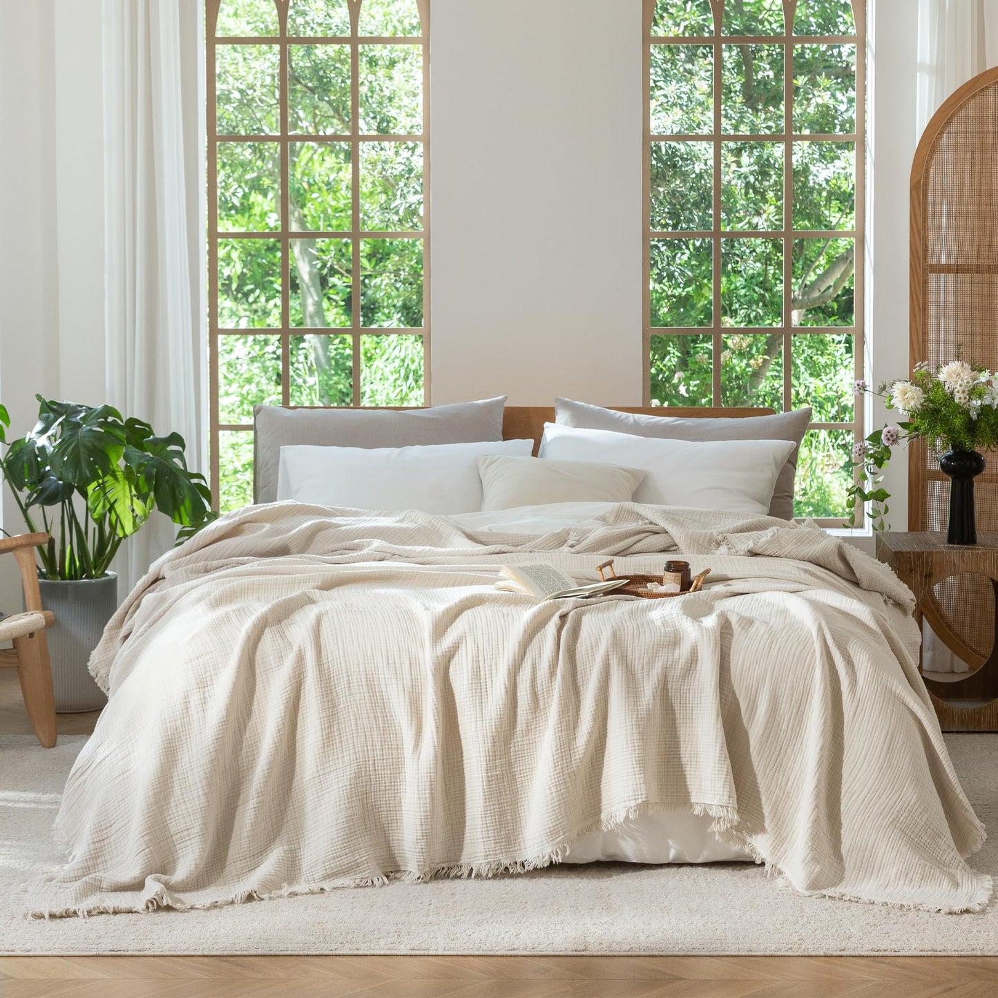 MooMee Muslin Blanket - 100% Cotton 4-Layer Gauze Throw Blanket with All-Around Fringe, Soft Breathable Lightweight Cooling Summer Blankets for Bed Couch (Beige,Queen 90" x 90")