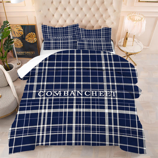 VTKON Navy Blue Plaid Comforter Set for Boys Queen Size, Classic Preppy Check Bedding Set for Boys Teens, Timeless Navy and White Bed Sets for Dorm with 2 Pillowcases