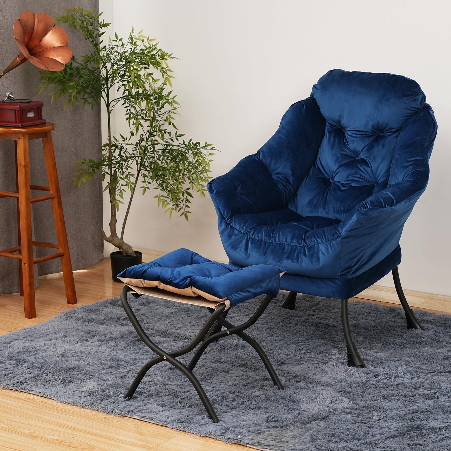 Kokel Lazy Chair with Folding Ottoman,Living Room Chairs, Accent Contemporary Lounge Chair, Single Steel Frame Leisure Sofa Chair with Armrests and A Side Pocket (Blue)