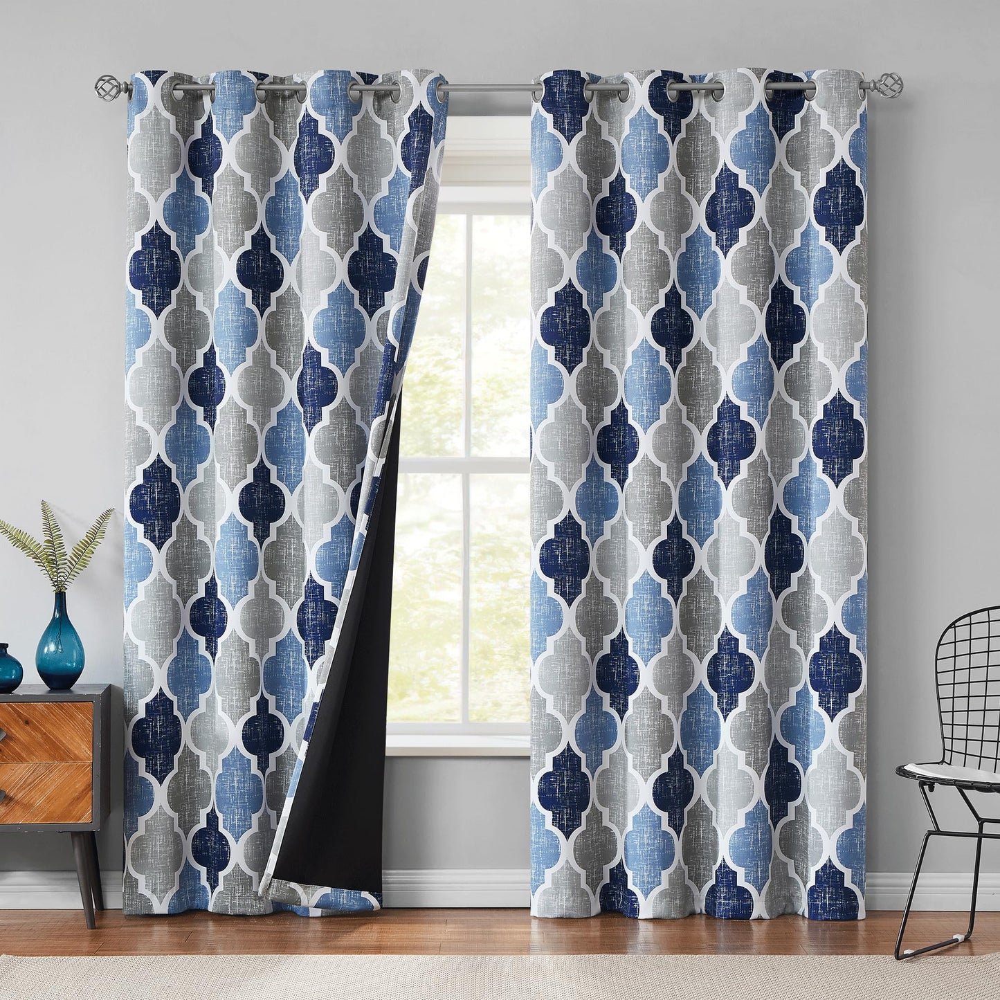 Beauoop 100% Blackout Curtains 84 Inches Long 2 Panels for Bedroom Living Room Blue Grey Moroccan Geo Room Darkening Thermal Insulated Soundproof Grommet Top Window Treatments Drapes, 50x84 Set of 2