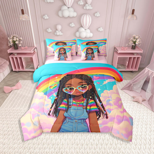 Erosebridal Cute Black Girl Twin Size Bedding Set Colorful Rainbow 7 Pieces Comforter Set with Sheets for Teens Women Sweet Clouds Bed in a Bag Cartoon Girl Bed Sets
