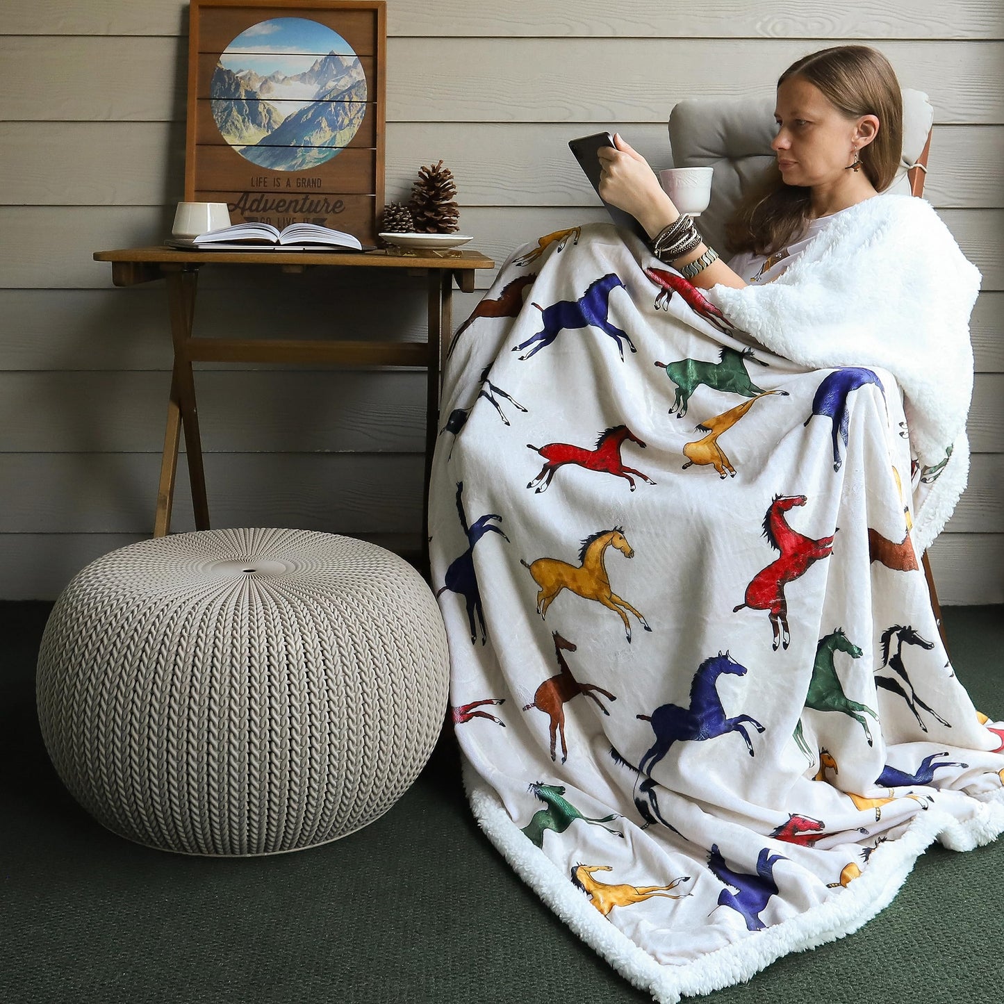 Paseo Road Indigo Hill by HiEnd Accents Wild Horse 3 Piece Sherpa Throw Blanket Set, Colorful Horses Animal Print Fleece Throw Set, Western Rustic Style, 1 Throw and 2 Pillows