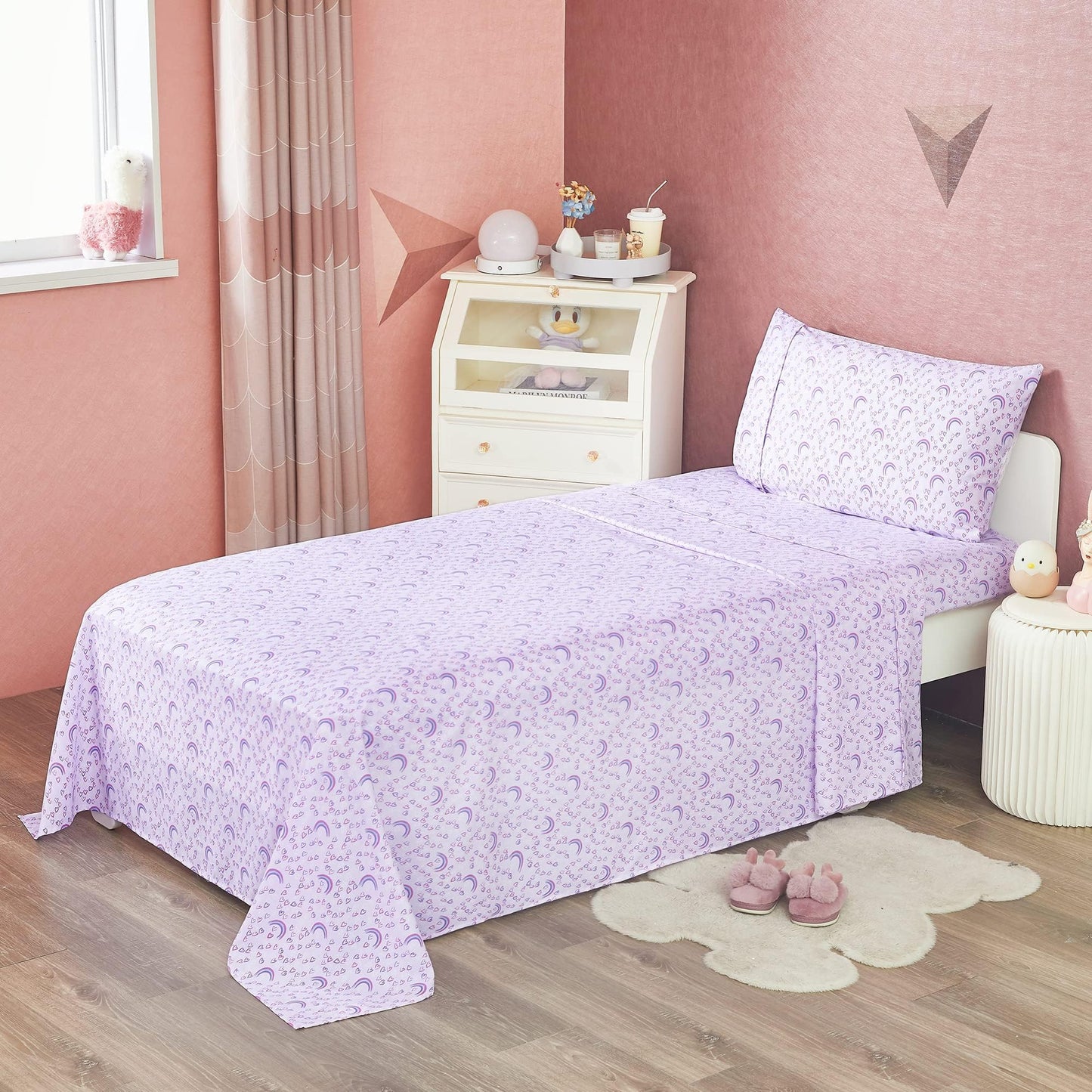 Softan Kids Bed Sheet Set, 4-Piece Full Size Sheets, Microfiber Fitted Sheet with 15 Inches Deep Pocket and Corner Straps, Breathable & Silky Soft Purple Love Rainbow Pattern Sheet and Pillowcase Sets
