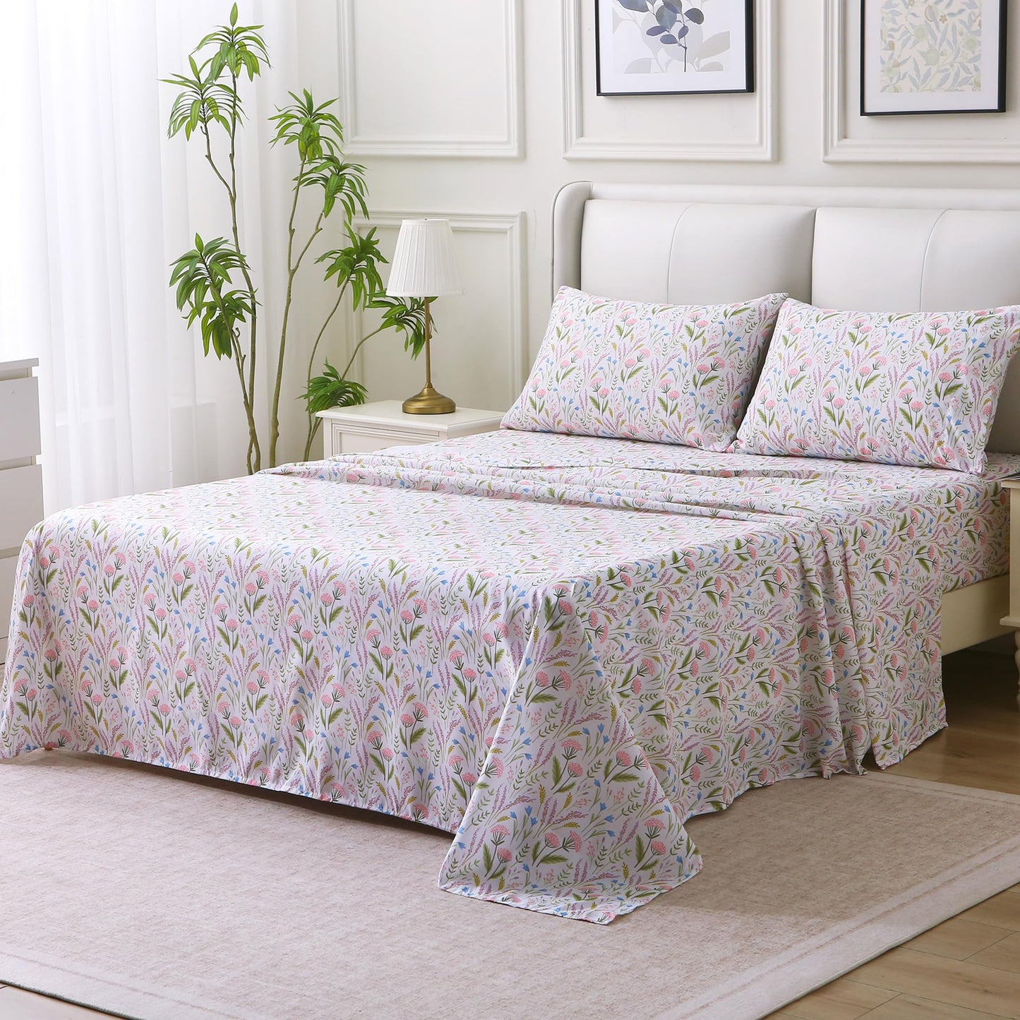 Viviland Floral Full Sheet Set - 4 Piece Lavender & Blue Bell Pink Cluster Botanical Patterned Bed Sheets - Soft, Breathable Microfiber Sheets with Deep Pocket, Non-Slip Fitted Sheets & Pillowcases