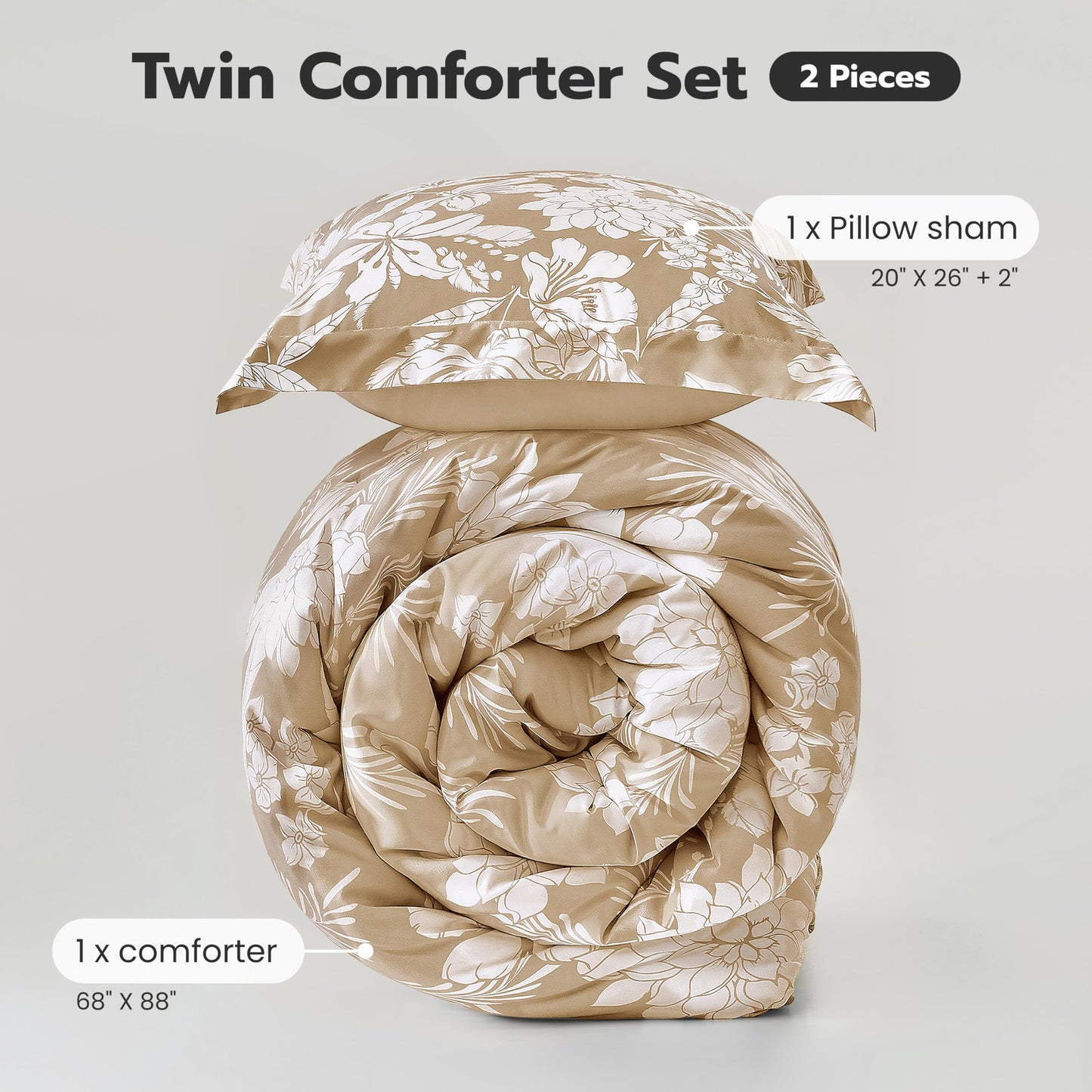 Joiedomi Floral Twin Comforter Set Beige Bedding Set - 2 Pieces Twin Bed in a Bag with 1 Soft Reversible Botanical Flowers Leaves Comforter and 1 Pillow Sham