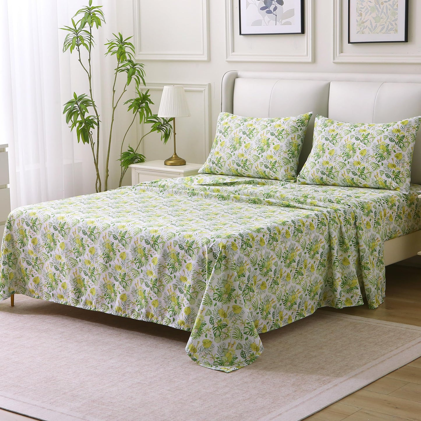 Viviland Floral Twin Sheet Set - 3 Piece Jungle Greenery Botanical Patterned Bed Sheets - Soft, Breathable Microfiber Sheets with Deep Pocket, Non-Slip Fitted Sheets & Pillowcases