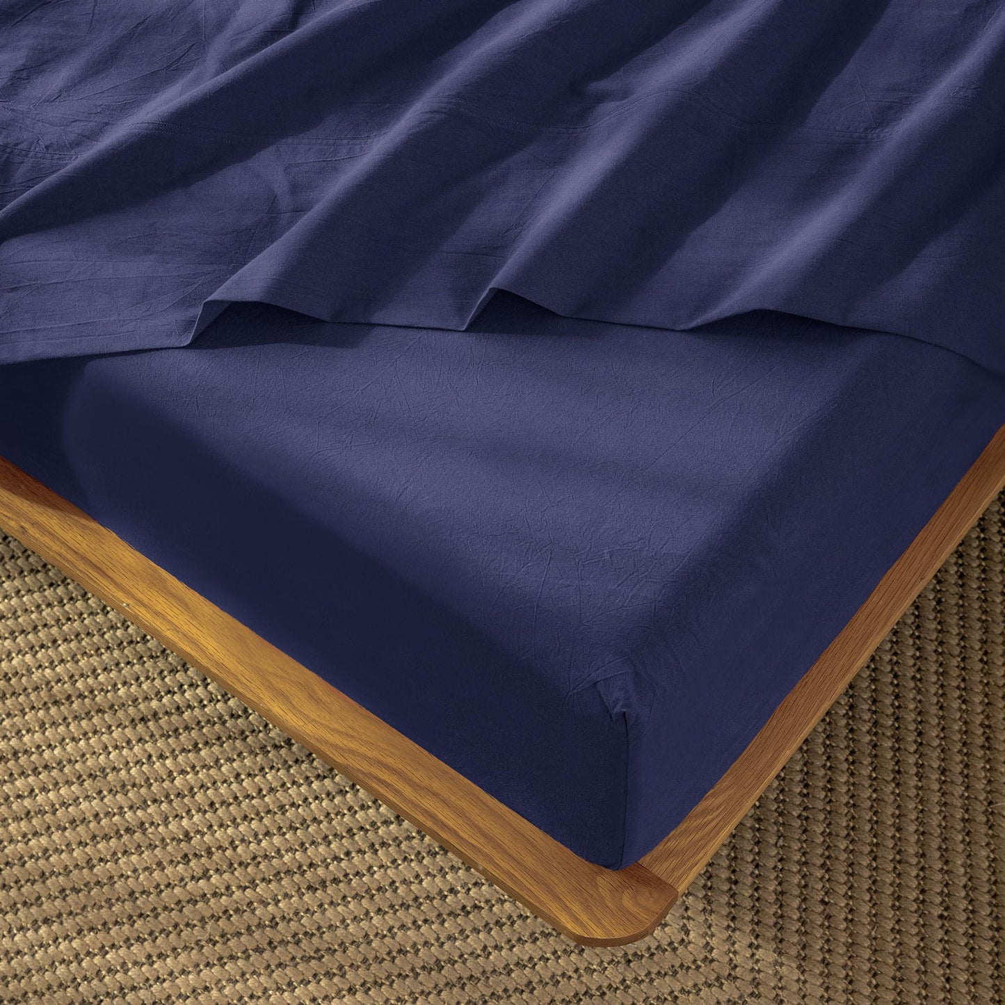 MooMee Fitted Bottom Sheet Only 100% Washed Cotton Linen Like Textured Breathable Durable Soft Comfy Deep Pocket Fits Mattress up to 17" (Dark Blue, Queen)