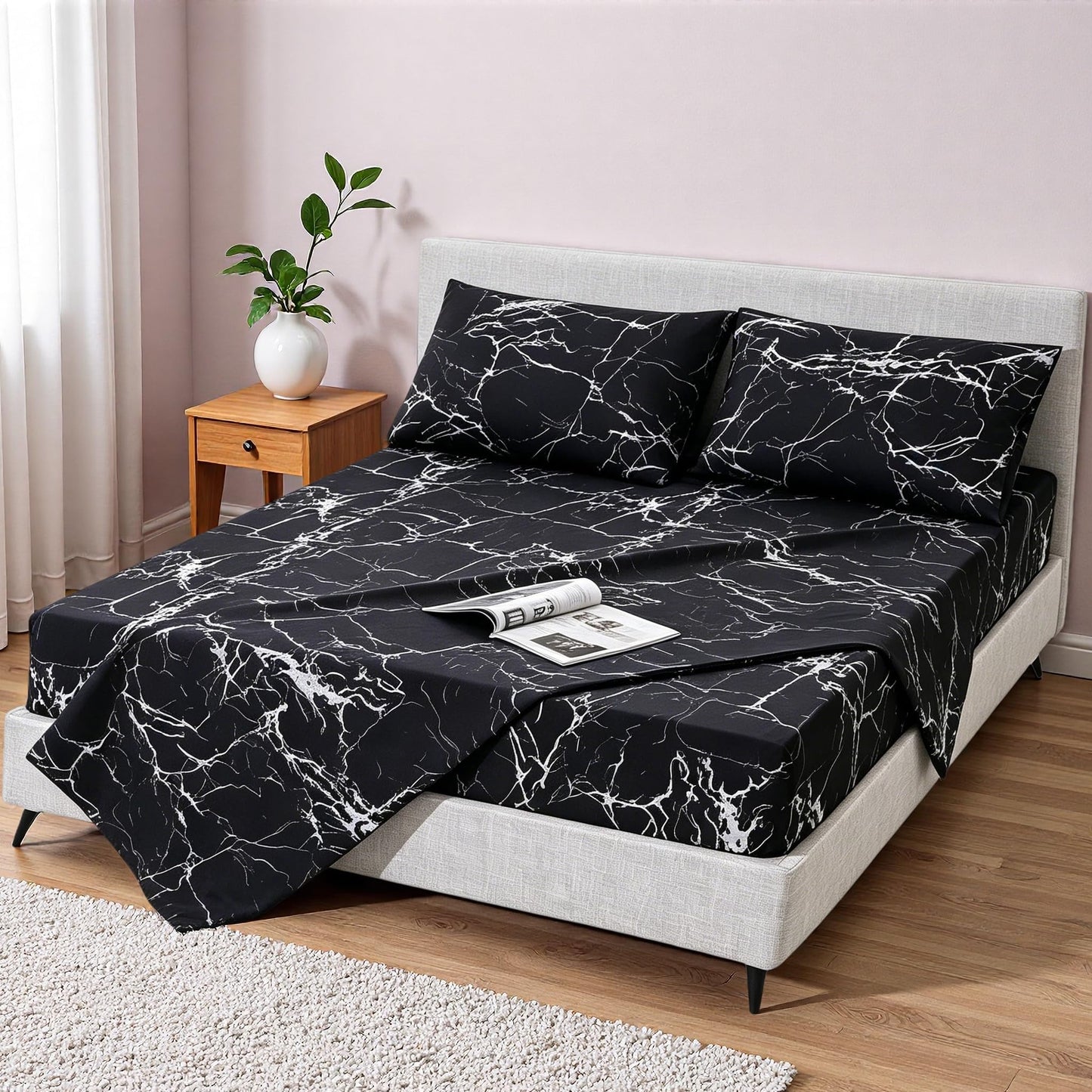 MAG Black Marble, Super Soft Microfiber Bed Sheet 4PC, Marble Bedding Sheet Set Included 1 Fitted Sheet, 1 Flat Sheet with 2 Pillowcases, 14 Inches Deep (Queen, Black)