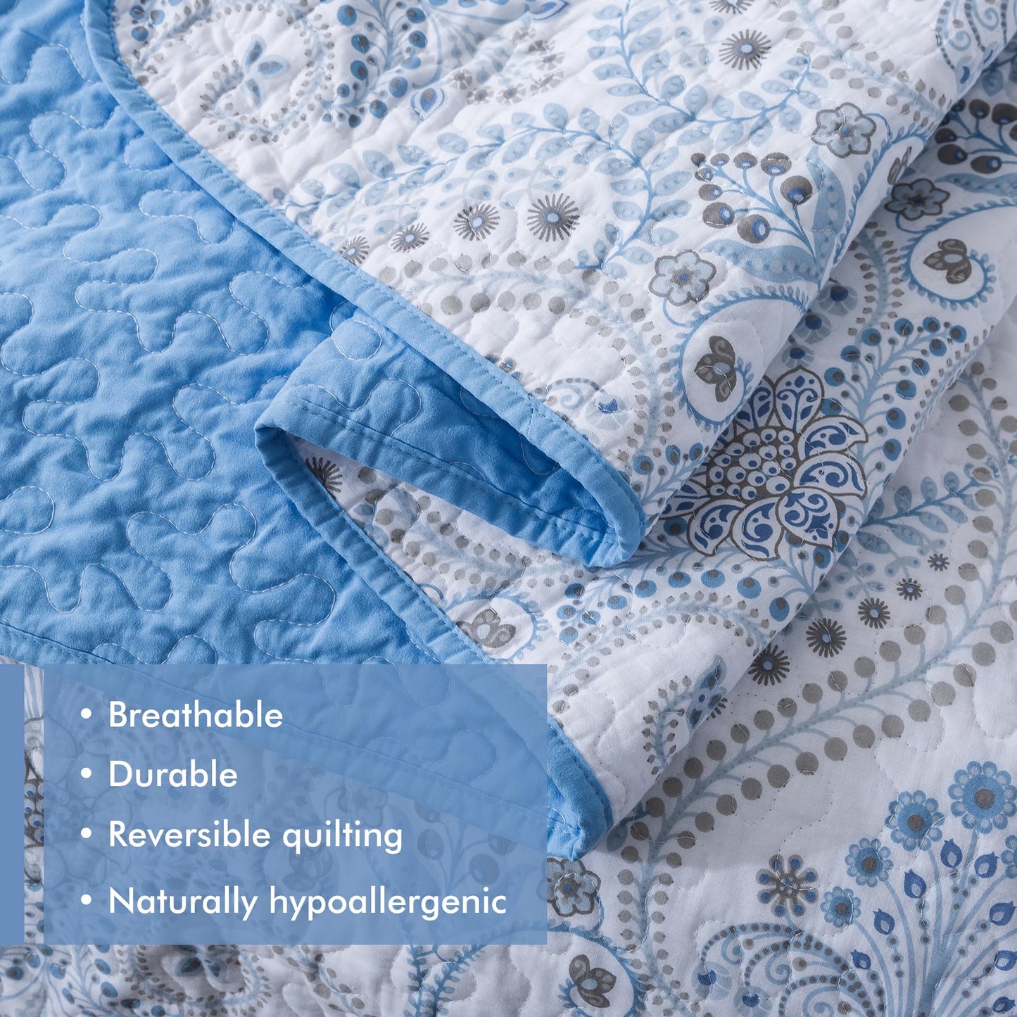 Etwel Lightweight Cotton Queen Size Quilt Set - Breathable Reversible Bedspread for Hot Sleepers, Farmhouse Floral Bedding Set with 2 Pillow Shams for All Season (90"x98", Paisley Blue)