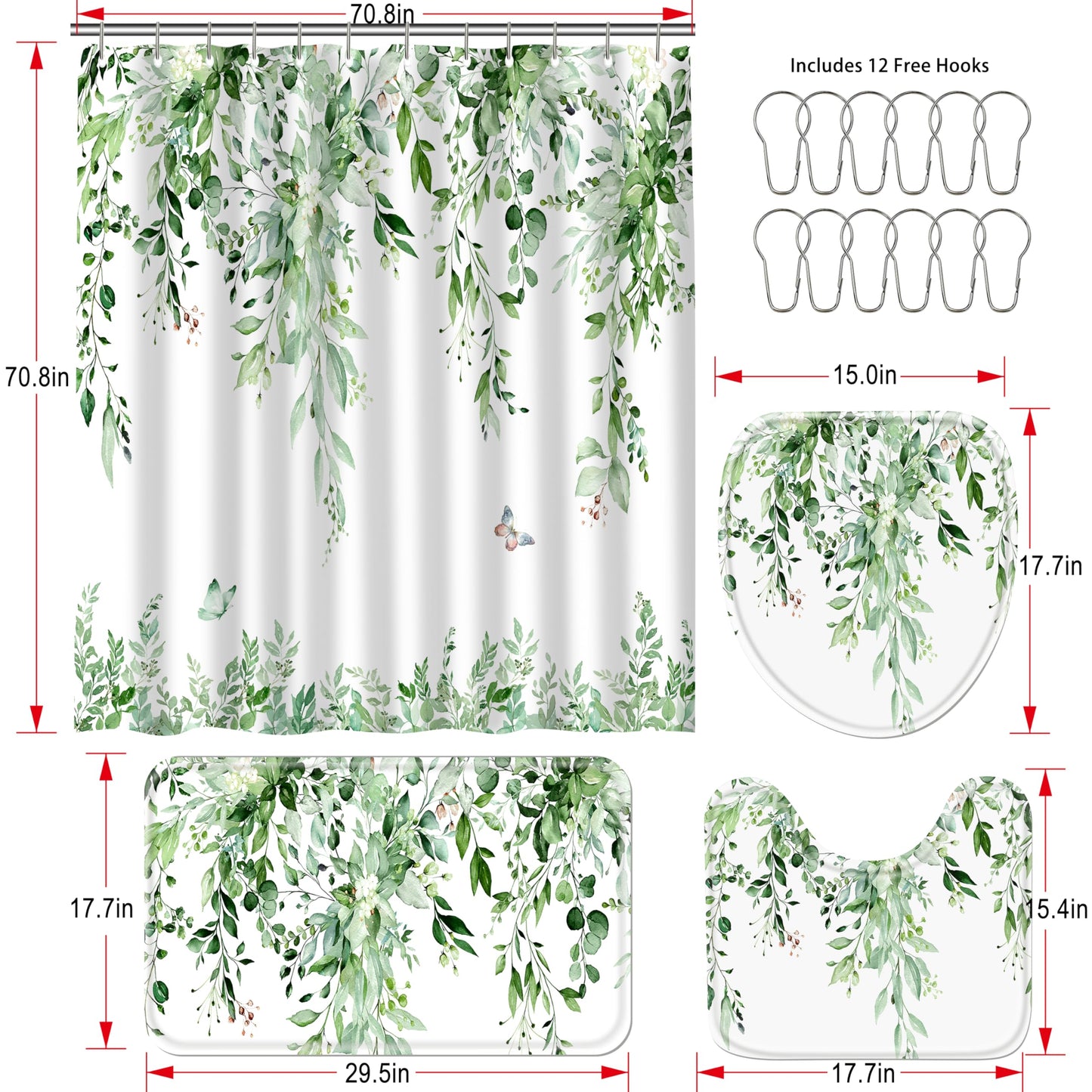 CedarShin 16 Pcs Sage Green Eucalyptus Shower Curtain Set with Rugs, Botanical Leaf Bath Curtains and Quick Absorbent Foam Mats, 120GSM Heavy-Weight Fabric Curtain with 12 Metal Hooks, 72x72 Inch