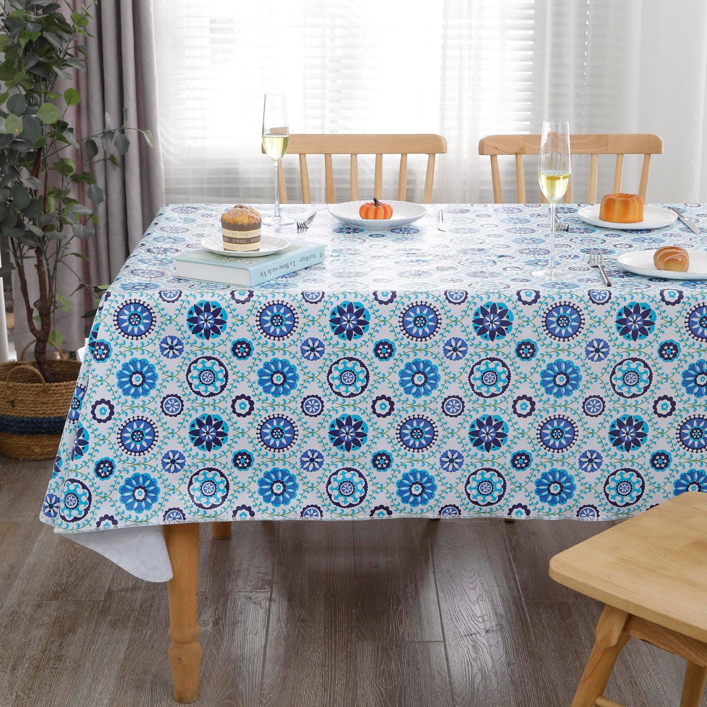 Heavy Duty Vinyl Tablecloth with Flannel Backing Waterproof Oil-Proof Plastic Table Cloth Stain-Resistant Wipeable Rectangle or Square Table Cover for Indoor and Outdoor (Floral Vine,54x54 Inch)