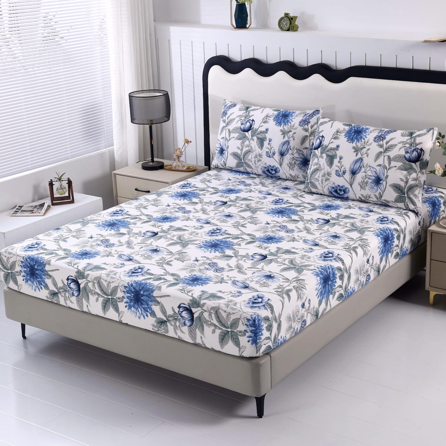 SDIII Blue Floral Full Fitted Sheet with 2 Pillowcases, Deep Pocket Soft Microfiber Full Size Bed Sheets Floral Blue All Season