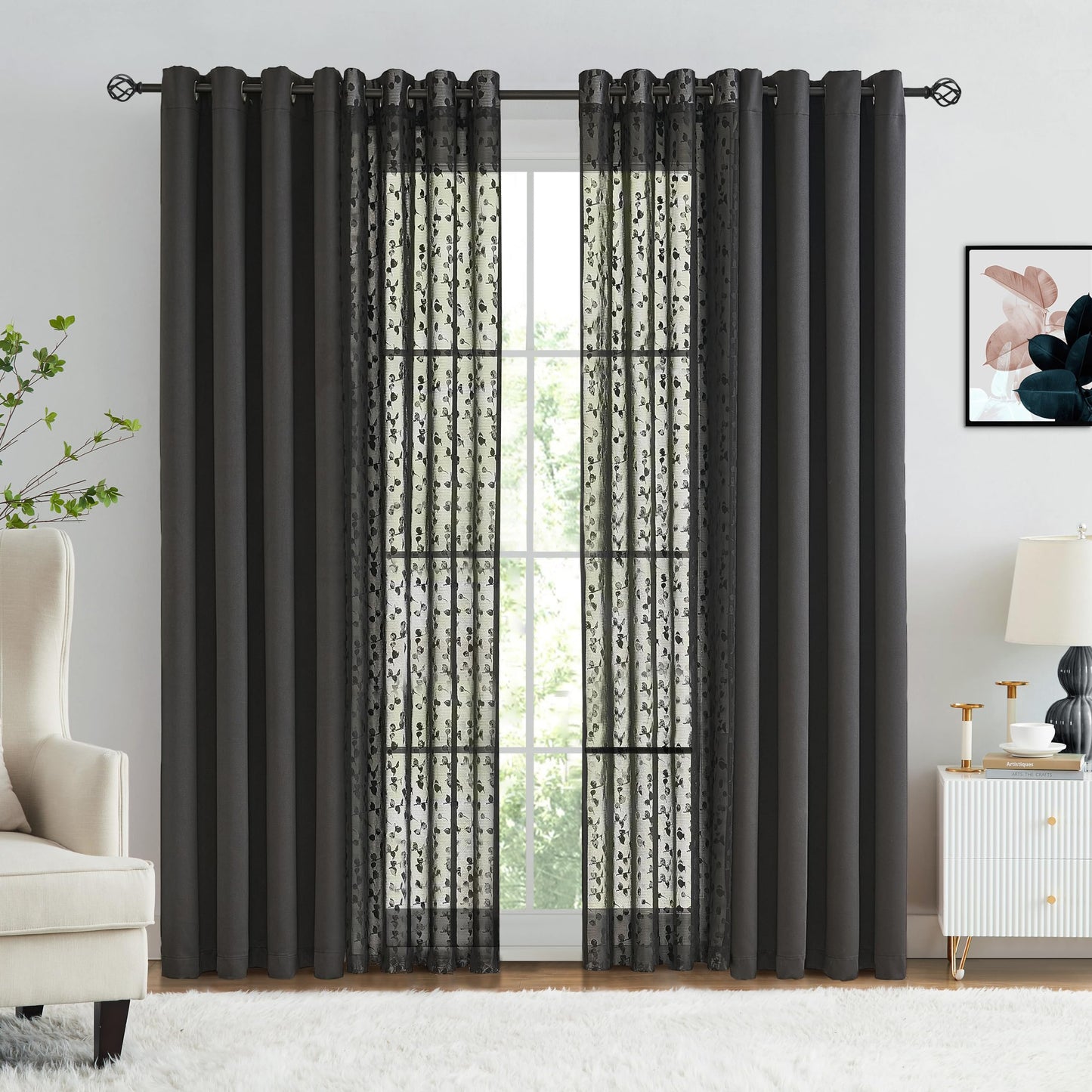 Jubilantex Full Blackout Curtains + Leaf Sheer Window Panels, Mix and Match Style Double Layer Window Treatment Sets for Bedroom Living Room, 4 Panels 52" W x 63" L, Black and Black