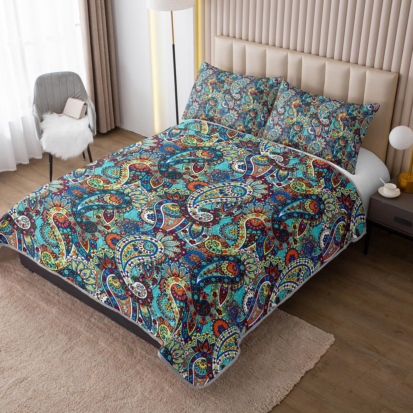 UEVBF Boho Style Queen Quilt Set,Bohemian Floral Quilt Beddding Set for Adults,Soft and Lightweight Bed Set for All Season,Colorful Quilted Beddding with 2 Pillowcases.