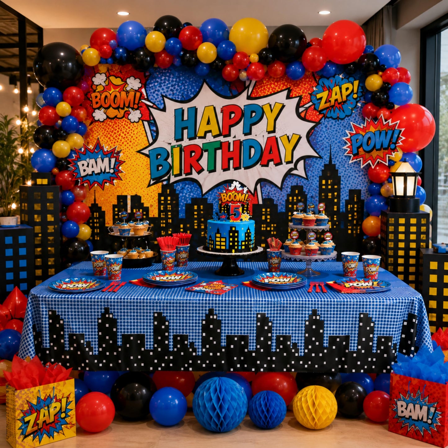 Blue Orchards Superhero Cityscape Table Covers (Pack of 3) 108"x54" XL - Superhero Table Cloth for Parties, Birthday Party Supplies, Boy Birthday Party Decorations, Super Hero Brithday Party